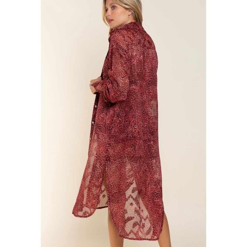 POL Red Leopard Long Sleeve Button Down Maxi Shirt - Picture 4 of 6